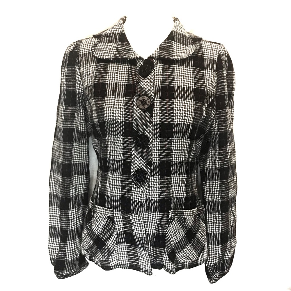 Thread Houndstooth Plaid Pockets Blazer Jacket - image 1